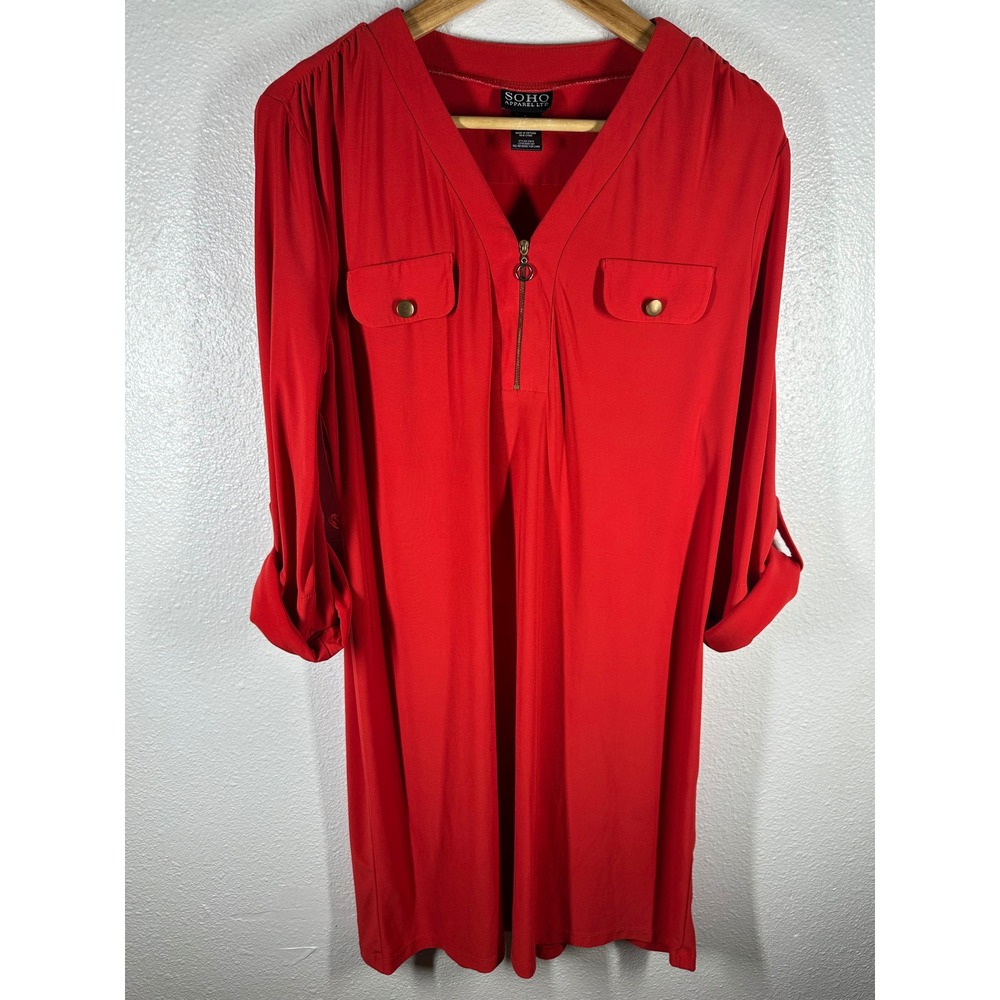 SOHO Apparel LTD Tunic Womens L‎ Red Zip Front Roll Tab Sleeve Utility Blouse